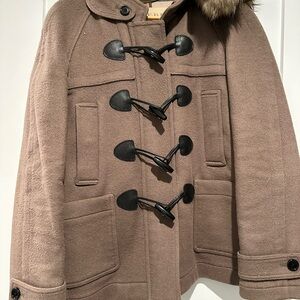 Burberry Brit Tan Coat with Black Toggle and Removable Fox Fur size 12 USA